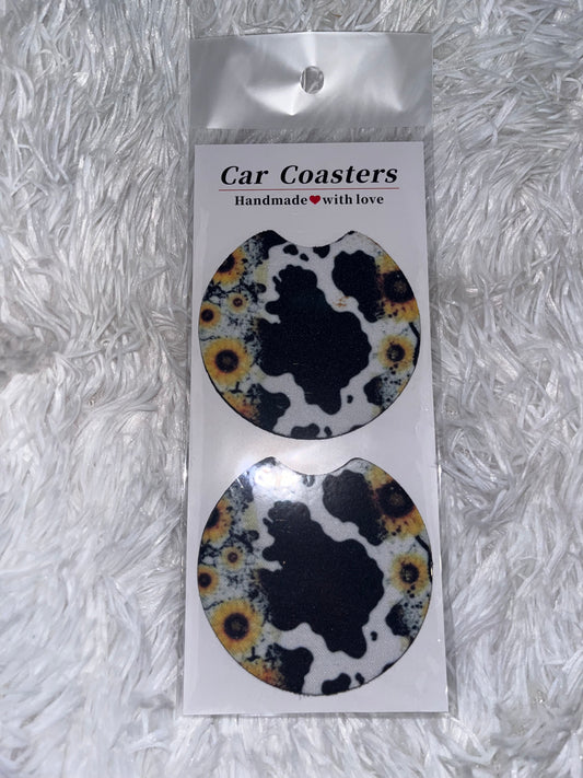 Cow, print and sunflowers car coaster